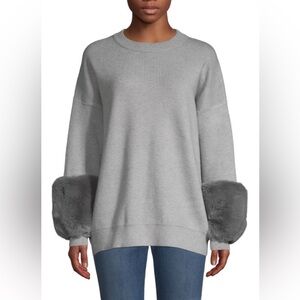 USED SAKS FIFTH AVENUE Gray Faux Fur Cuff Sweater Sz Medium